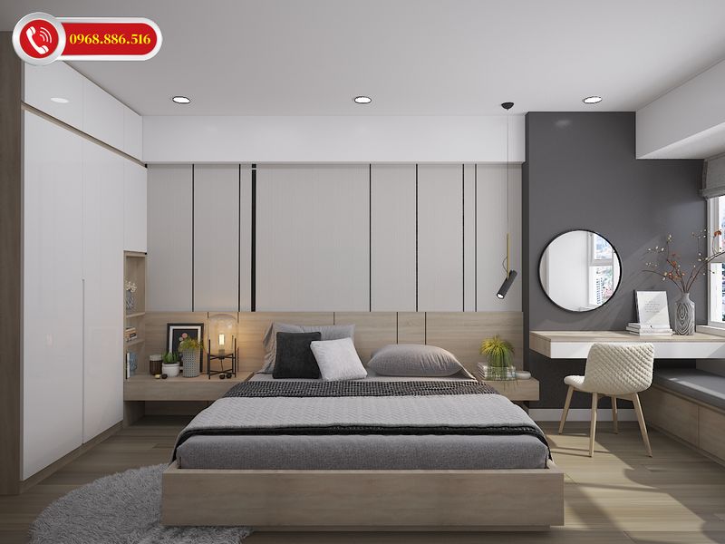 Phòng ngủ master rộng rãi thông thoáng với tông màu tối giản
