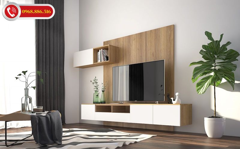 Thiết kế không gian phòng khách với kệ tivi treo tường đơn giản