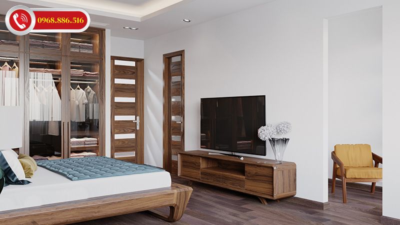 Bộ kệ tivi kết hợp kệ gắn tường phòng ngủ diện tích rộng. Với phòng ngủ nhỏ hơn bạn nên chọn bỏ bớt một số chi tiết bộ phận.