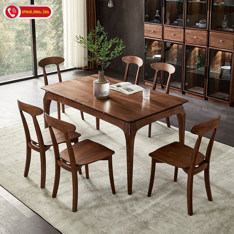 Bộ bàn ăn gỗ óc chó 6 ghế được thiết kế đơn giản tinh tế với đường nét nhẹ nhàng mềm mại