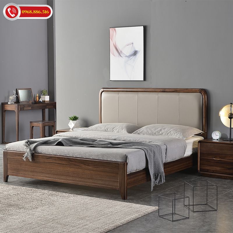 Mẫu giường ngủ gỗ óc chó được thiết kế giản lược tối giản