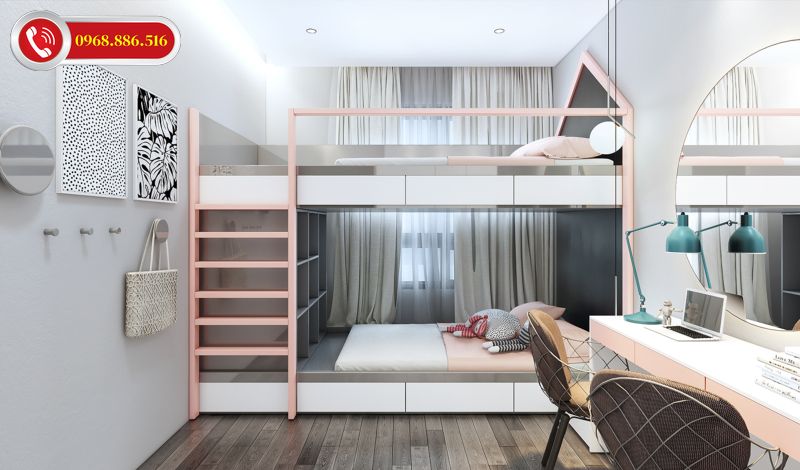 Phòng ngủ cho bé bố trí giường tầng màu hồng dễ thương