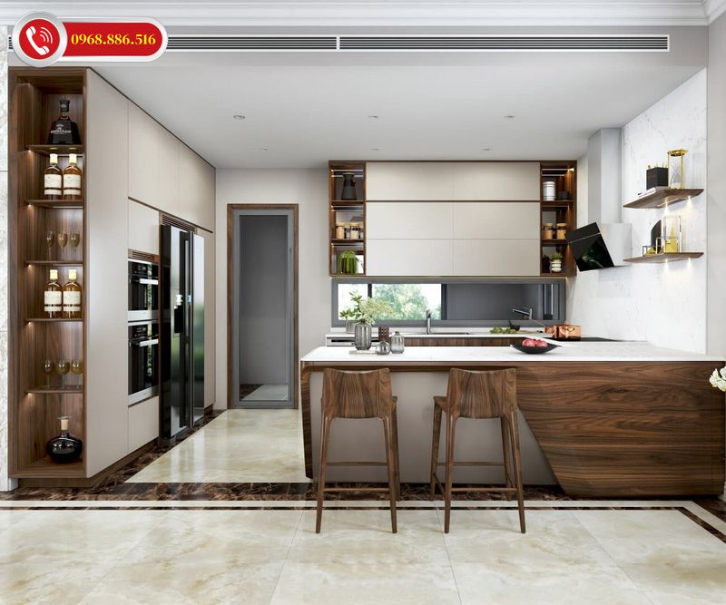 Tủ rượu gỗ tự nhiên óc chó đơn giản kết hợp với tủ bếp