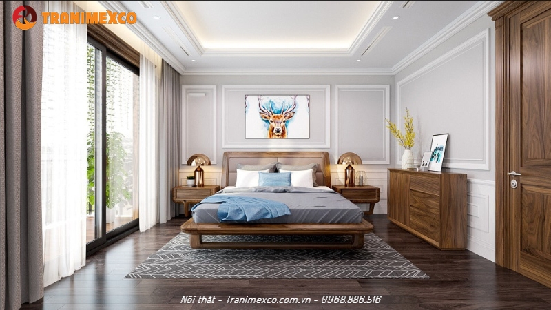 Combo phòng ngủ cao cấp theo phong cách Tân cổ điển sử dụng gỗ Óc Chó đẹp