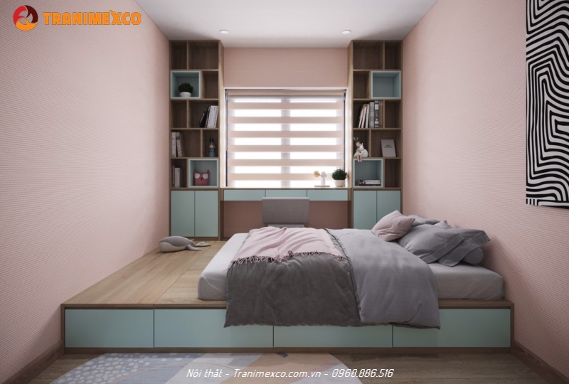 Phòng ngủ màu hồng cực xinh cho con gái bố trí hệ giường liền tủ sang trọng, thoáng mát