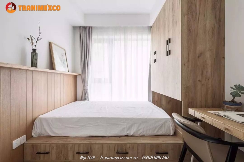 Nội thất phòng ngủ sử dụng chiếc giường liền tủ quần áo thông minh bằng gỗ MDF chống ẩm