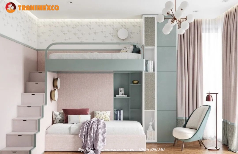 Giường tầng màu xanh - hồng có tủ quần áo đẹp cho 2 bé