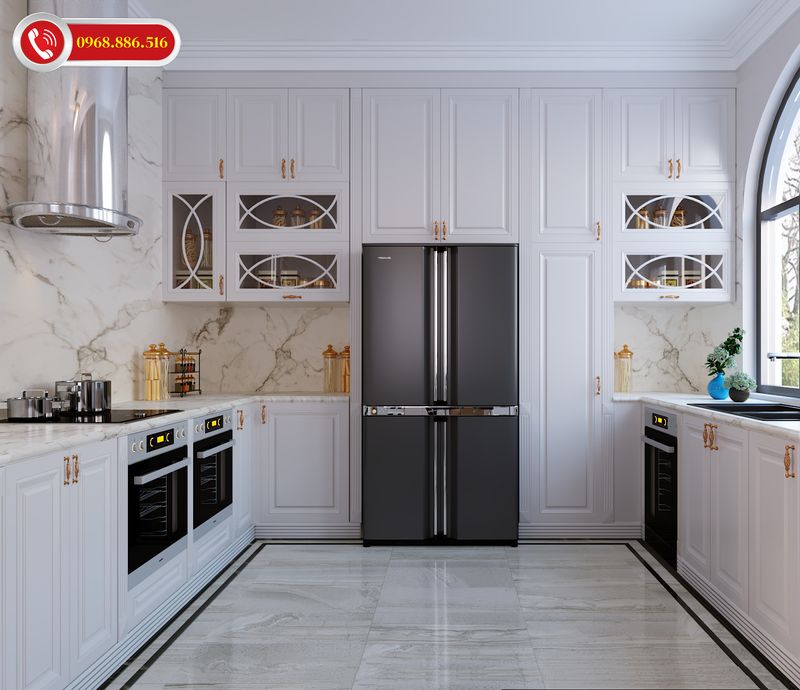 Tủ bếp tân cổ điển màu xanh kết hợp với tủ bếp trên màu trắng cùng phụ kiện thu hút giá tốt