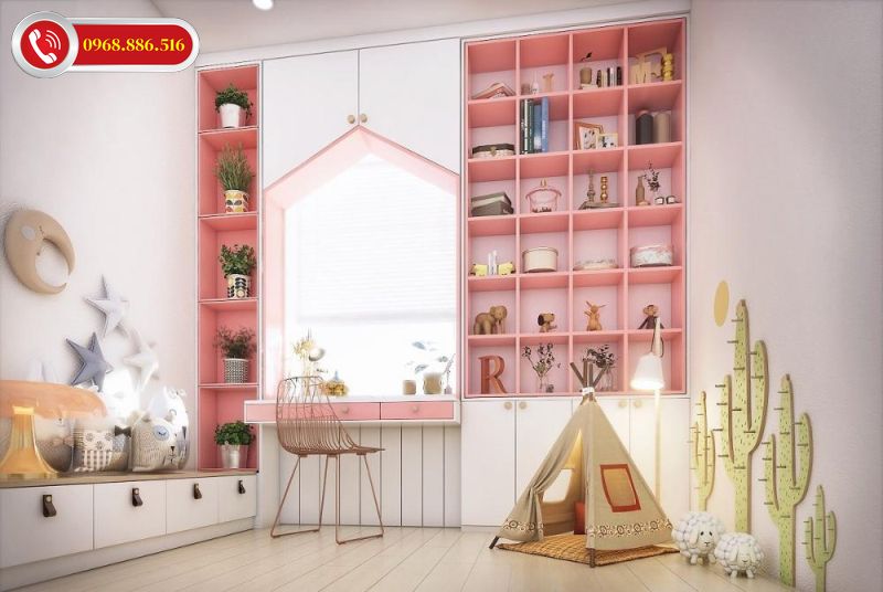 Thiết kế phòng đọc sách cho bé gái màu hồng tiện lợi