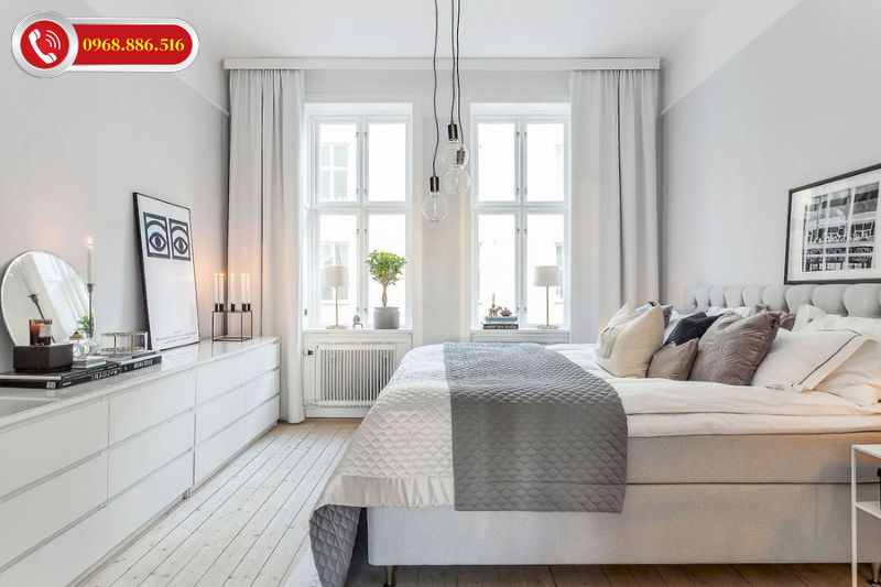 Phòng ngủ master 20m2 chú trọng đến công năng sử dụng, màu trắng sáng tràn ngập tình yêu cho vợ chồng trẻ