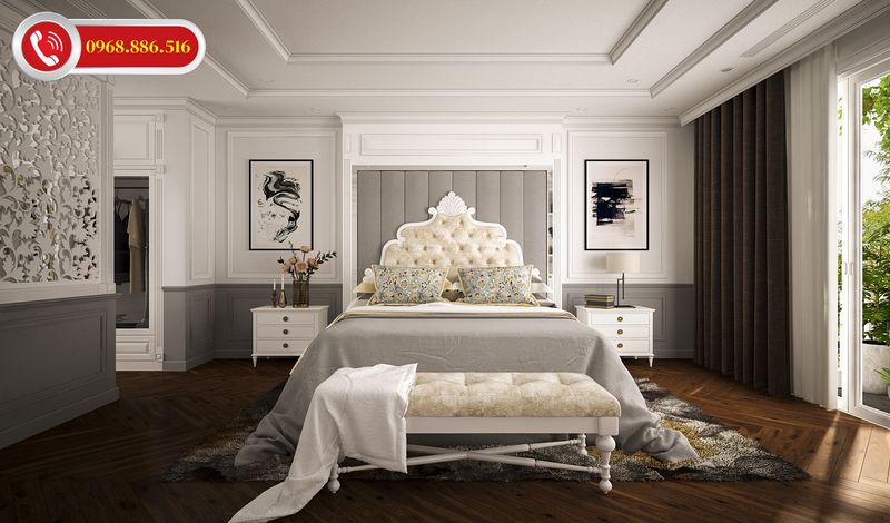 Thiết kế phòng ngủ tân cổ điển cao cấp với gam màu trung tính kiểu dáng nội thất châu Âu đẹp nhất