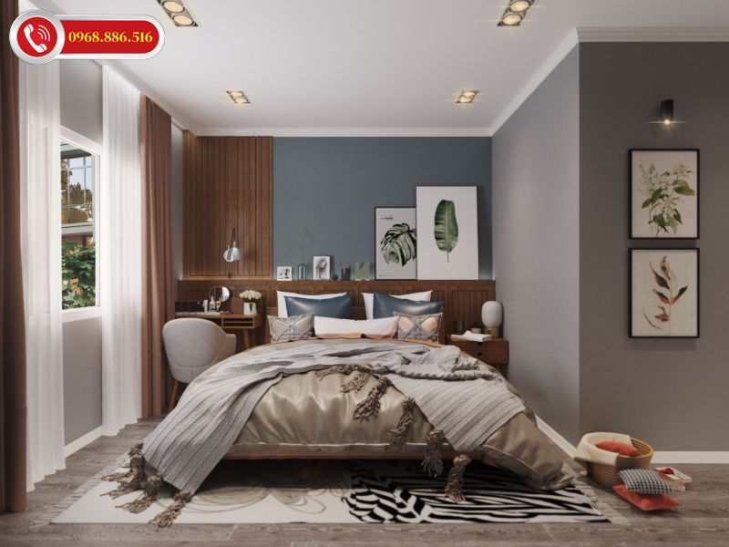 Top phòng ngủ scandinavian nhẹ nhàng, uyển chuyển kết hợp màu nâu gỗ, trắng và xanh xám cùng thảm trải sàn ấn tượng