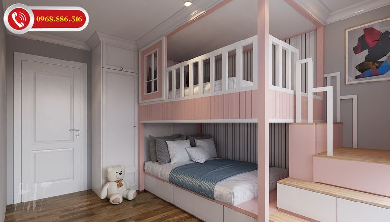 Phòng ngủ thiết kế giường tầng với tông màu hồng nhẹ nhàng