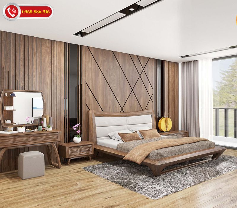 Nội thất phòng ngủ diện tích 20m2 chất liệu gỗ óc chó cao cấp