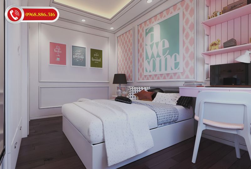Đối với phòng ngủ dành cho bé gái nên lựa chọn tông màu hồng, trắng, tím... tạo không gian mềm mại