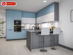 Tủ bếp màu xanh ngọc làm căn phòng có hiệu ứng ánh sáng tốt hơn