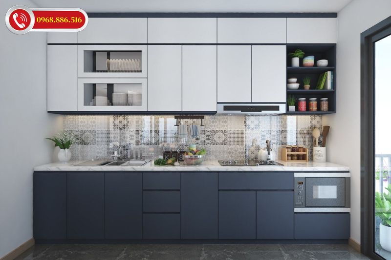 Tủ bếp màu xám xanh mang phong cách hiện đại