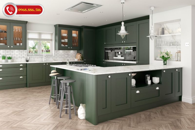 Kết hợp tông màu trắng - xanh và ánh sáng tạo hiệu ứng rông rãi, thông thoáng cho nhà bếp