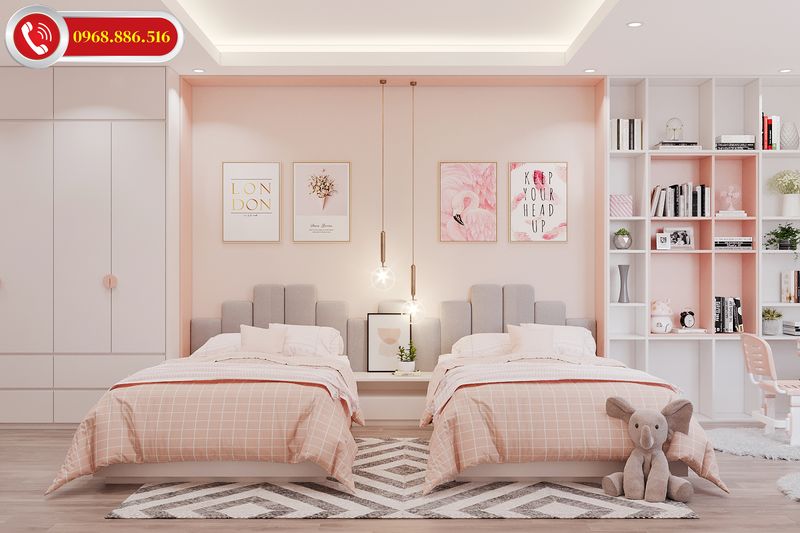 Màu hồng kết hợp trắng là một trong những tông màu được ưa chuộng khi thiết kế phòng ngủ nữ