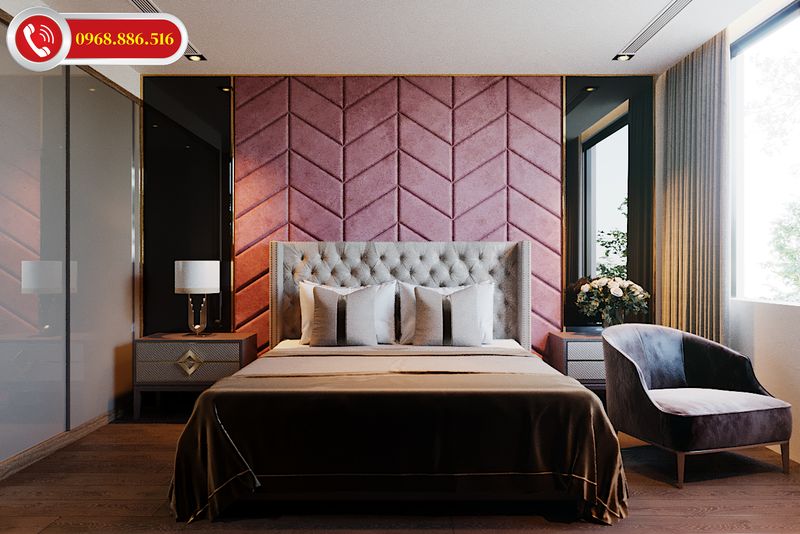 Thiết kế nội thất phòng ngủ đẹp cho nữ với không gian nhẹ nhàng tinh tế điểm nhấn với bức tường ốp ni hồng mềm mại