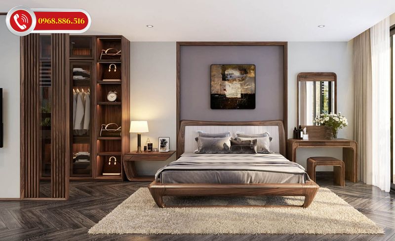 Mẫu thiết kế phòng ngủ sang trọng hiện đại chất liệu nội thất gỗ óc chó
