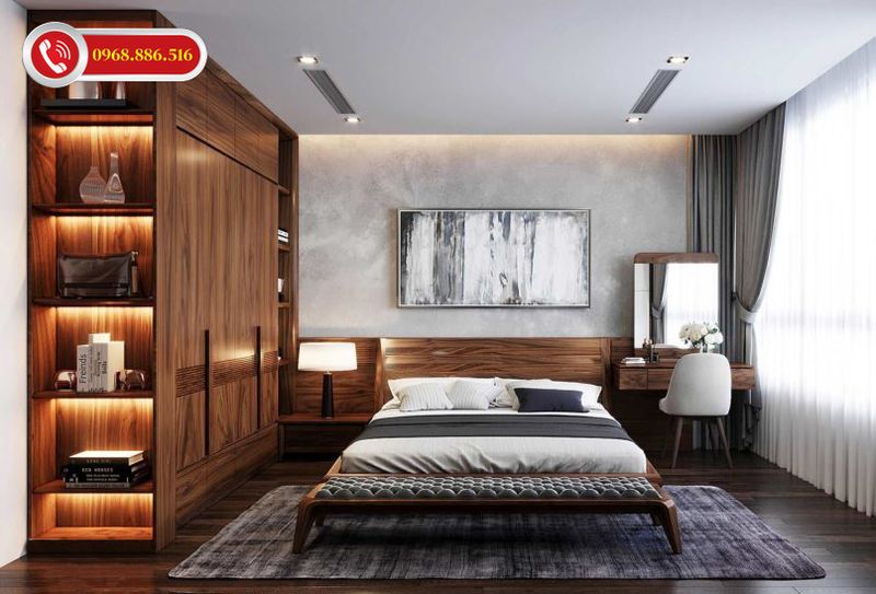 Mẫu phòng ngủ gỗ óc chó với đầy đủ nội thất khi kết hợp với thảm trải sàn nổi bật
