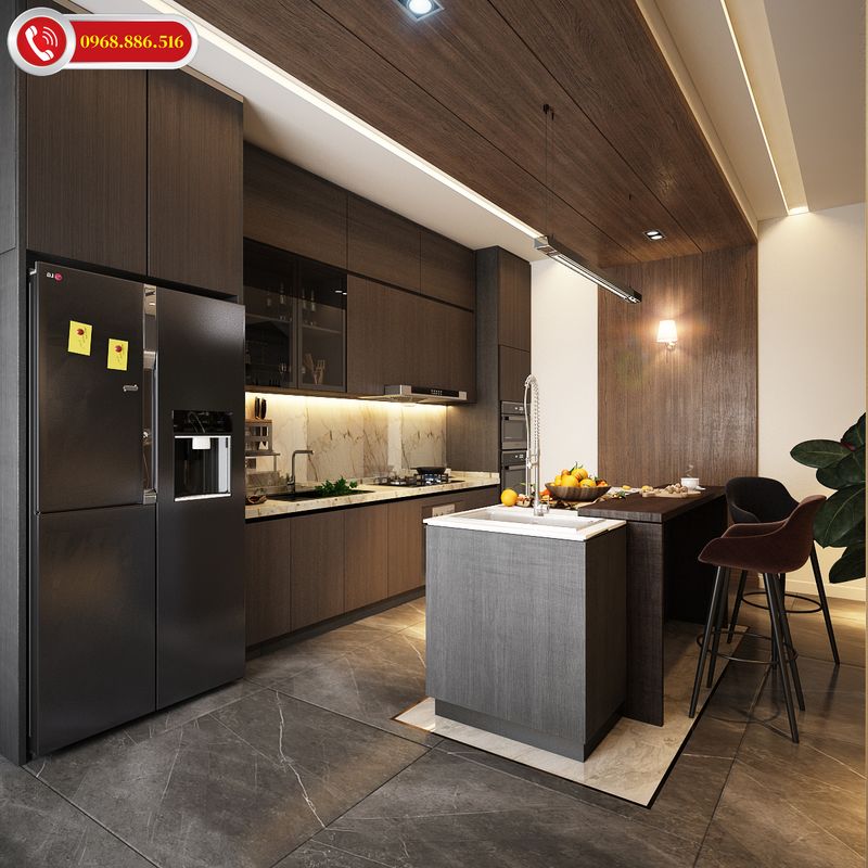 Không gian bếp được thiết kế hình chữ I đơn giản có đảo bếp với tông màu đen sang trọng tinh tế