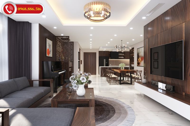 Thiết kế nội thất phòng khách gỗ óc chó đang được rất nhiều gia chủ lựa chọn