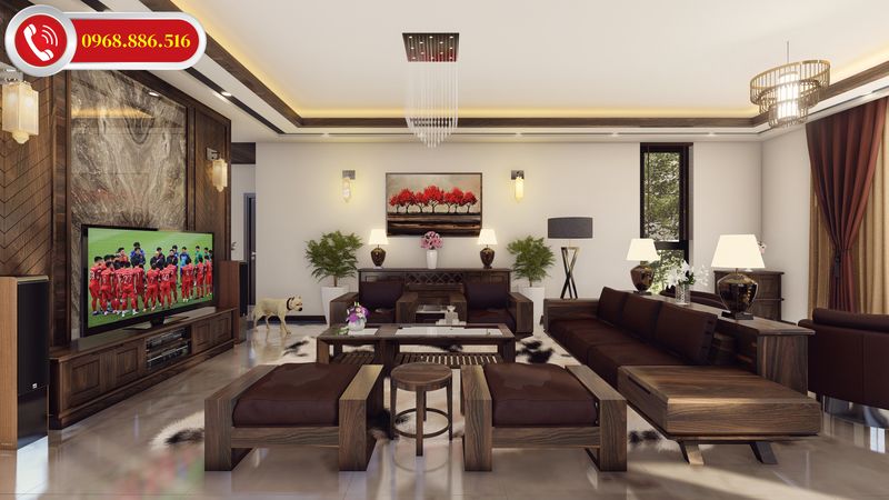 Thiết kế nội thất phòng khách đẹp với chất liệu gỗ sang trọng