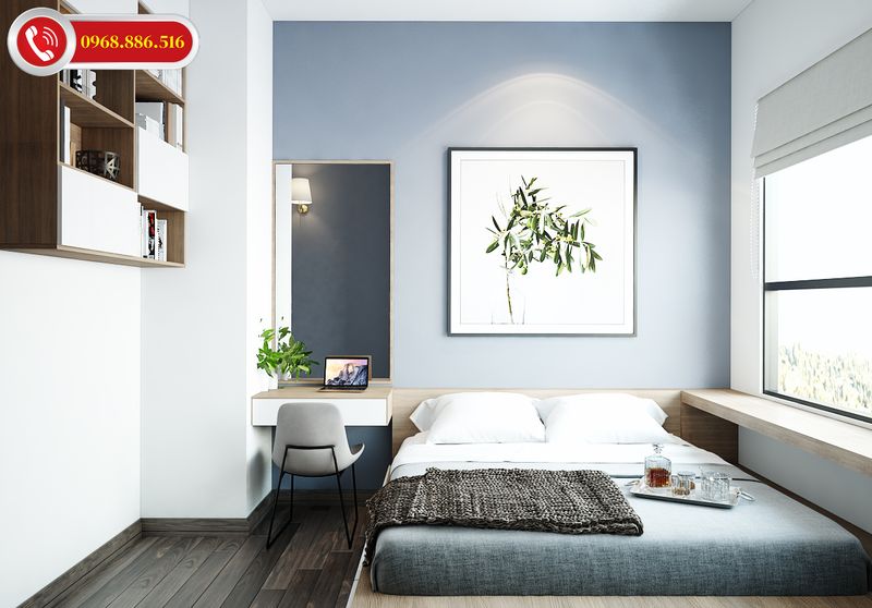 Phòng ngủ với nội thất đơn giản tông màu xanh tinh tế mang lại cảm giác thoáng mát