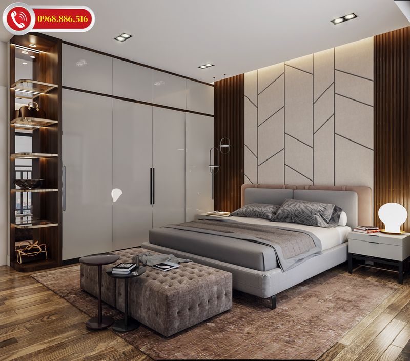 Không gian phòng ngủ sang trọng hiện địa với chất liệu nội thất gỗ công nghiệp tông màu sáng kết hợp màu trầm ấm cúng