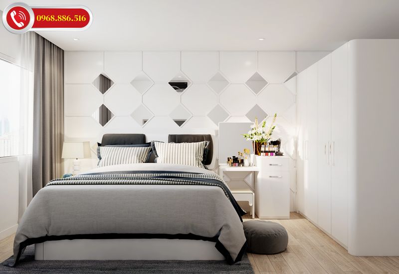 Phòng ngủ thiết kế ấn tượng với điểm nhấn gương trang trí đầu giường