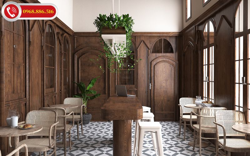 Không gian quán cafe được thiết kế theo phong cách hoài cổ với chất liệu gỗ tông trầm