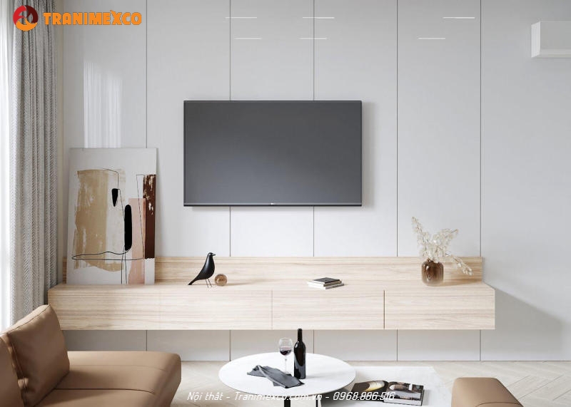 Bố trí kệ tivi treo tường melamine màu sắc thanh lịch, trẻ trung