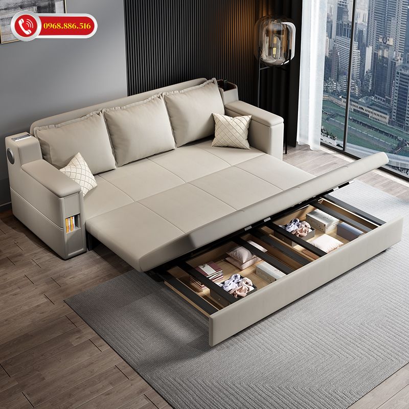 Giường thông minh kết hợp sofa với chất liệu khung gỗ kết hợp nên bọc da nhập khẩu cao cấp