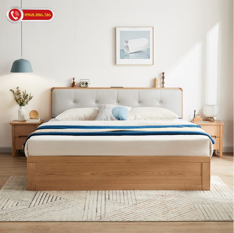 Mẫu giường ngủ đẹp gỗ Sồi thiết kế theo phong cách hiện đại trẻ trung