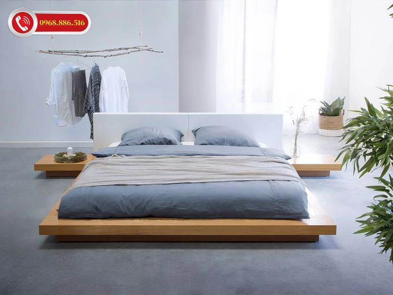 Mẫu giường ngủ gỗ Sồi thiết kế không chân ấn tượng tinh tế