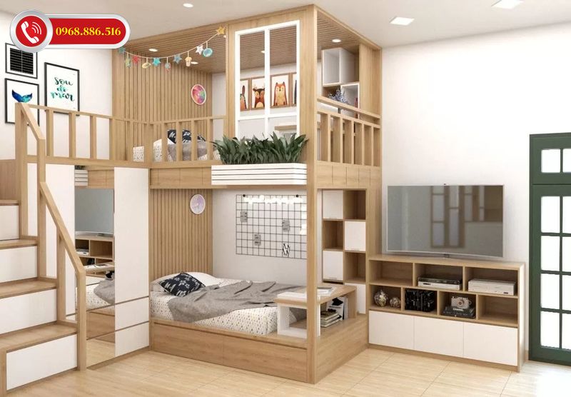 Giường tầng đẹp kết hợp tủ quần áo thiết kế đơn giản nhẹ nhàng 