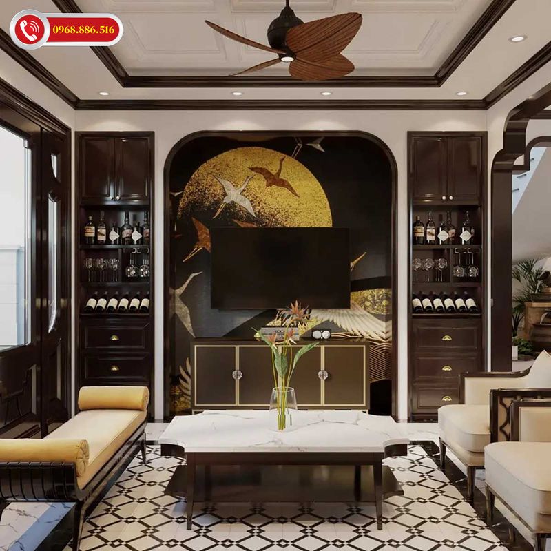 Mẫu tủ âm tường phòng khách đẹp phù hợp với phong cách Indochine